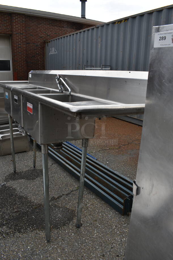 Stainless Steel Commercial 3 Bay Sink w/ Dual Drainboards, Faucet, Handles. 105x24x56. Bay 18x18x12. Drainboards 22x20x1 - Image 6 of 6