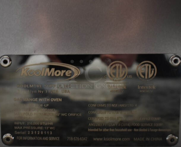 BRAND NEW SCRATCH AND DENT! 2023 KoolMore KM-CR-36-LP Stainless Steel Commercial Floor Style Propane Gas Powered 6 Burner Range w/ Oven and Back Splash. 210,000 BTU.  - Image 6 of 6