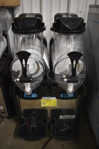 BRAND NEW IN BOX! Narvon Model AURORA 2 Metal Commercial Countertop 2 Hopper Slushie Machine. Each Hopper Has 1.6 Gallon Capacity. 120 Volts, 1 Phase. 17x22x30