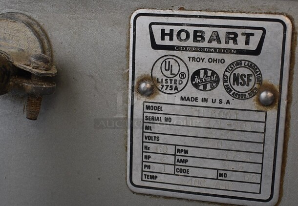 Hobart Model H 600T Metal Commercial Floor Style 60 Quart Planetary Mixer w/ Metal Mixing Bowl, Mixing Bowl Dolly and Dough Hook Attachment. 230 Volts, 1 Phase. 29x43x56 - Image 9 of 11