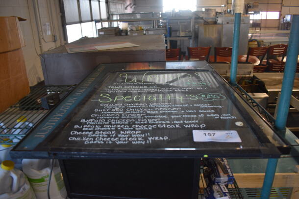 2 Signs; Menu and Justification for Higher Education. 20x1x28, 36x1x24. 2 Times Your Bid! - Image 1 of 3