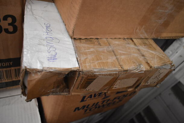 PALLET LOT of 25 BRAND NEW Boxes Including 2 5001CPT400T Lavex Premium 7 1/2" White Aircell TAD Center Pull Paper Towel Roll, 400 Feet / Roll - 6/Case, 2 Box PP883 Ecopax Containers, 34920SCREW Lancaster Table & Seating Table Top / Base Screw 1" #10 Panhead - 4/Pack, 181TSXLBD14 Garde XL 181TSXLBD14 1/4" Serrated Blade for XL Tomato Slicer, 2 Box 347TCL12 Choice 12 oz. Clear Disposable Plastic Tumbler - 500/Case, Lavex Multi Fold Towels, 4 Box 164TCOLROD37 Bar Height Table Base Column and Rod, 5001CPTP Lavex 1-Ply Center Pull Paper Towel Roll 1000' - 6/Case, 50020W Choice 20 oz. White Poly Paper Hot Cup - 600/Case, 127RD8COMBO Choice Microwavable Clear Round Deli Container and Lid, 4 Box 500L1020B Choice Black Hot Paper Cup Travel Lid for 10-24 oz. Standard Cups and 8 oz. Squat Cups - 1000/Case, 500MFT Lavex White M-Fold (Multifold) Towel - 4000/Case. 25 Times Your Bid! - Image 8 of 12