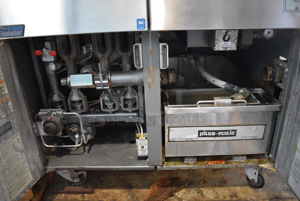 Pitco Frialator Model F14S-V Stainless Steel Commercial Floor Style Propane Gas 2 Bay Fryer w/ Center Dumping Station on Commercial Casters. 110,000 BTU. 49x32x54 - Image 7 of 9