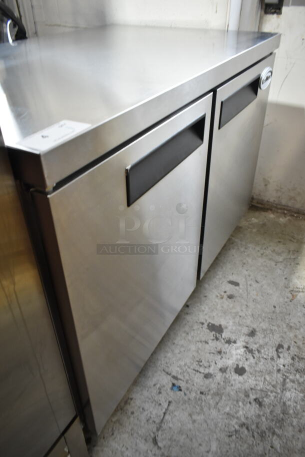 BRAND NEW SCRATCH AND DENT! 2023 KoolMore KM-UCR-2DSS Stainless Steel Commercial 2 Door Undercounter Cooler on Commercial Casters. 115 Volts, 1 Phase. Tested and Working! - Image 3 of 8