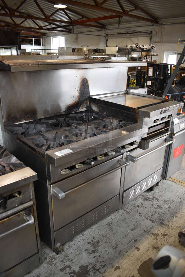 Garland SunFire Stainless Steel Commercial Natural Gas Powered 6 Burner Range w/ Flat Top Griddle, 2 Ovens, Over Shelf and Back Splash on Commercial Casters. 60x33x60 - Image 2 of 11