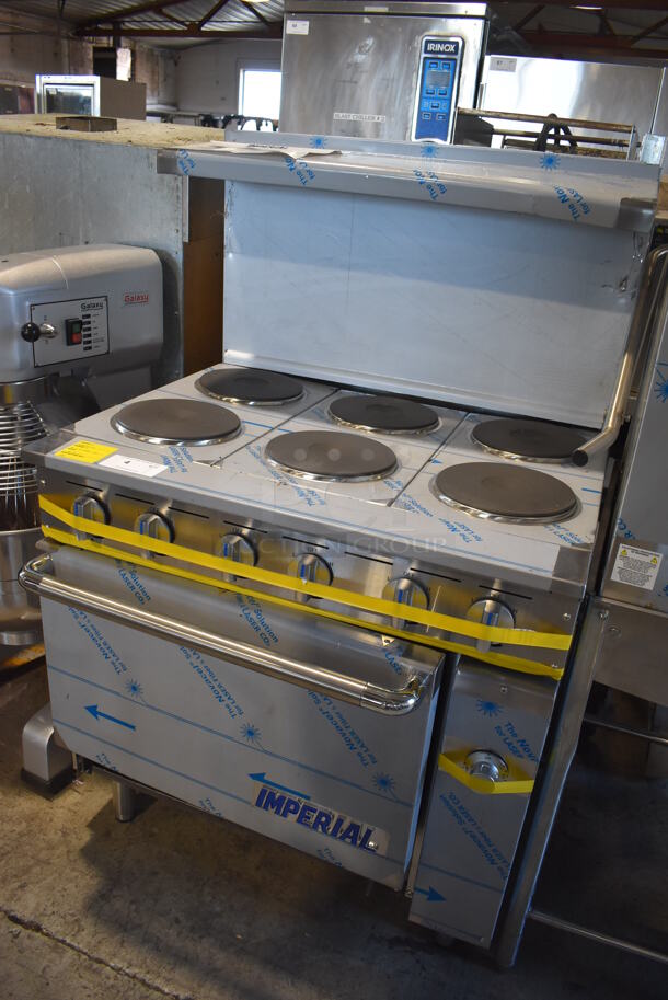 BRAND NEW SCRATCH AND DENT! Imperial IR-6-E Stainless Steel Commercial Electric Powered 6 Burner Hot Plate Range w/ Oven, Over Shelf and Back Splash. 240 Volts, 1 Phase. 36x31x55 - Image 3 of 11