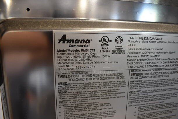 Amana Model RMS10TS Stainless Steel Commercial Countertop Microwave Oven. 120 Volts, 1 Phase. 20x14x12 - Image 5 of 5