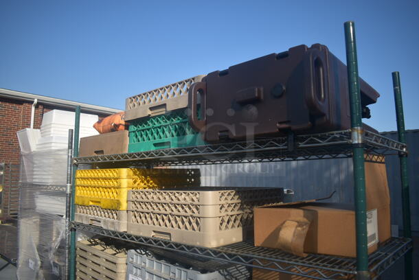 ALL ONE MONEY! Lot of Items Including Open Utility Shelf With Metro Style Shelving On Commercial Casters, Dish Caddies, Glasses, Cooking Wine, Cutting Boards, Receipt Paper, Red Buckets With Steel Handles, AND MORE! BUYER MUST DISMANTLE. PCI CANNOT DISMANTLE FOR SHIPPING. PLEASE CONSIDER FREIGHT CHARGES. - Image 2 of 11