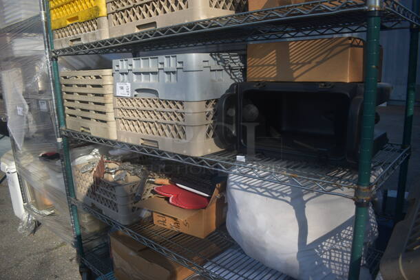 ALL ONE MONEY! Lot of Items Including Open Utility Shelf With Metro Style Shelving On Commercial Casters, Dish Caddies, Glasses, Cooking Wine, Cutting Boards, Receipt Paper, Red Buckets With Steel Handles, AND MORE! BUYER MUST DISMANTLE. PCI CANNOT DISMANTLE FOR SHIPPING. PLEASE CONSIDER FREIGHT CHARGES. - Image 3 of 11