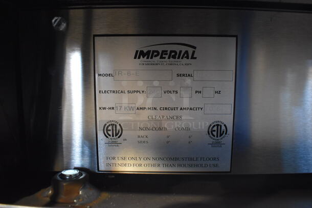 BRAND NEW SCRATCH AND DENT! Imperial IR-6-E Stainless Steel Commercial Electric Powered 6 Burner Hot Plate Range w/ Oven, Over Shelf and Back Splash. 240 Volts, 1 Phase. 36x31x55 - Image 9 of 11