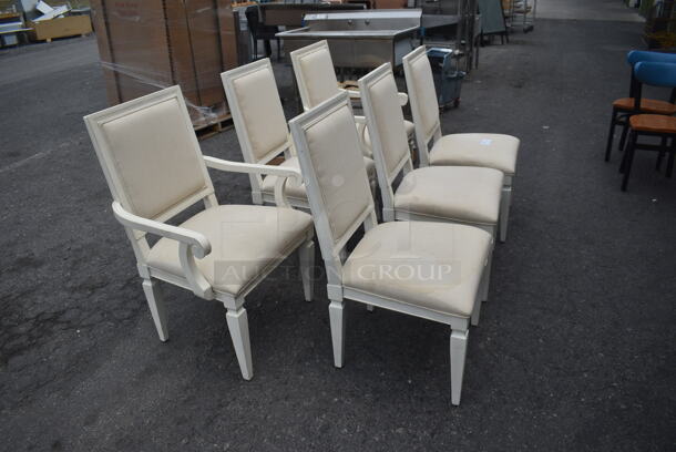 6 Cream Colored Wooden Style Dining Chairs With Both Cream Colored Back And Seat Cushions. 2 Chairs With Arms, And 4 Chairs Without Arms. 6 Times Your Bid! Cosmetic Condition May Vary.  - Image 2 of 3