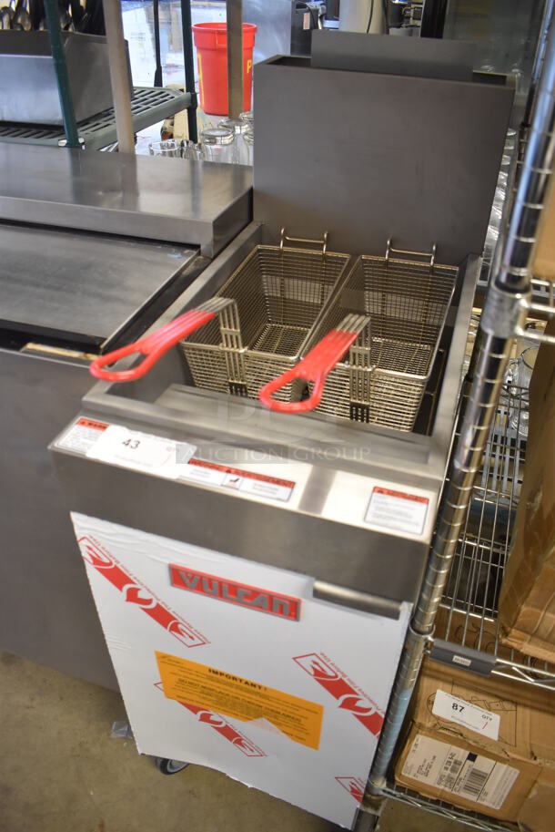 BRAND NEW! 2016 Vulcan LG300-1 Stainless Steel Commercial Floor Style Natural Gas Powered Deep Fat Fryer w/ 2 Metal Fry Baskets on Commercial Casters. 90,000 BTU. 15.5x30x47 - Image 3 of 6