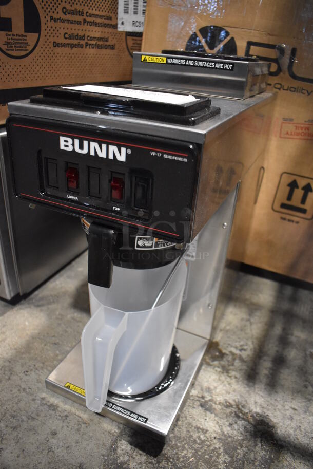 BRAND NEW IN BOX! 2022 Bunn VP17-2 Stainless Steel Commercial Countertop Low Profile Pourover 2 Burner Coffee Brewer w/ Poly Brew Basket and Poly Pitcher. 120 Volts, 1 Phase. 8x18x20. Tested and Working! - Image 2 of 7
