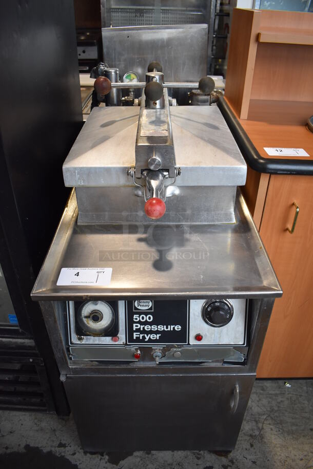 Henny Penny 500 Stainless Steel Commercial Electric Powered Floor Style Pressure Fryer on Commercial Casters. 208 Volts, 3 Phase. 18x38x46