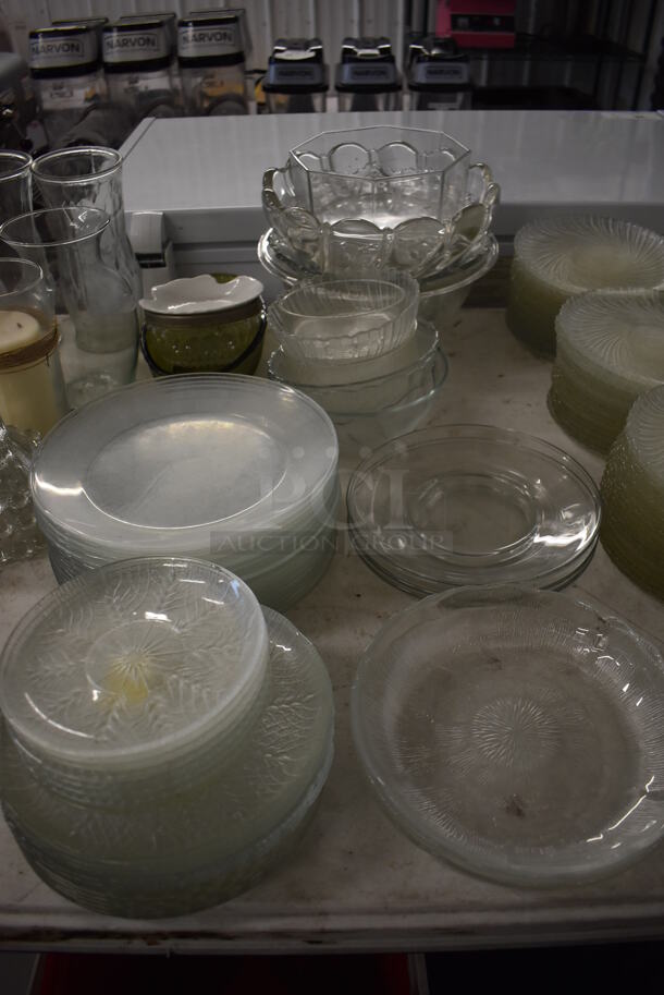 ALL ONE MONEY! Lot of Items on Tabletop Including Glass Plates, Ceramic Plates and Pitchers - Image 3 of 9