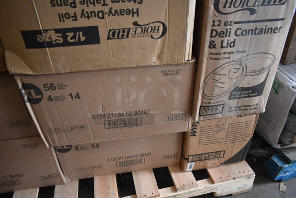 PALLET LOT of 35 BRAND NEW Boxes Including 2 Box 130SERVPIEBK Visions 10" Black Disposable Plastic Pie Server - 72/Case, Vollrath 20369 1/3 Size x 6" D Steam Table / Food Pan, 2 Box 395TO961 EcoChoice 9" x 6" x 3" Compostable Sugarcane / Bagasse 1 Compartment Take-Out Container - 200/Case, 4 Box 36852 XL, 2 Box 128HD12COMBO ChoiceHD 12 oz. Microwavable Translucent Plastic Deli Container and Lid Combo Pack - 240/Case, 612613245HD Choice Half Size Heavy-Duty Foil Steam Pan Deep 2 9/16" Depth - 100/Case. 35 Times Your Bid! - Image 5 of 7