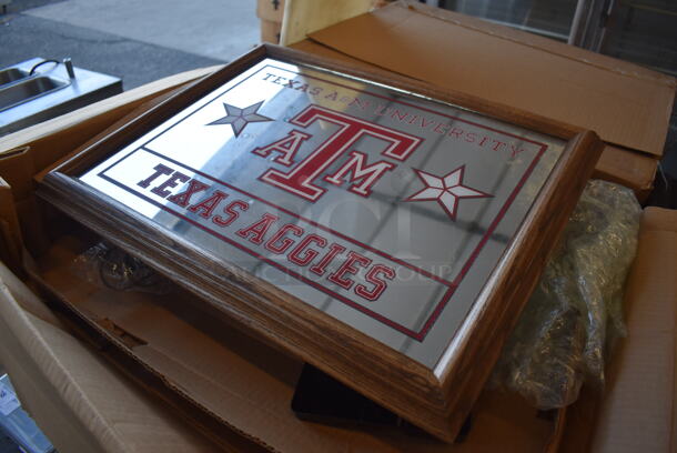 8 IN ORIGINAL BOX! Texas A&M Lighted Mirror w/ Wood Pattern Frame. 120 Volts, 1 Phase. 8 Times Your Bid! - Image 3 of 9