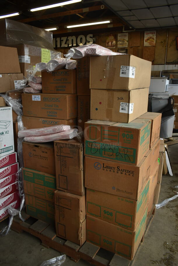 PALLET LOT of 25 BRAND NEW! Boxes Including Arcoroc Grand Vin Wine Glasses, Libbey Beverage Glasses. 25 Times Your Bid!