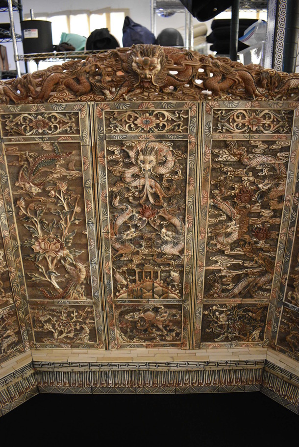 EXTREMELY RARE! ANTIQUE! Authentic 100+ Year Old Hand Carved Solid Ivory Decorative Screen w/ Dragon Motif. - Image 3 of 11