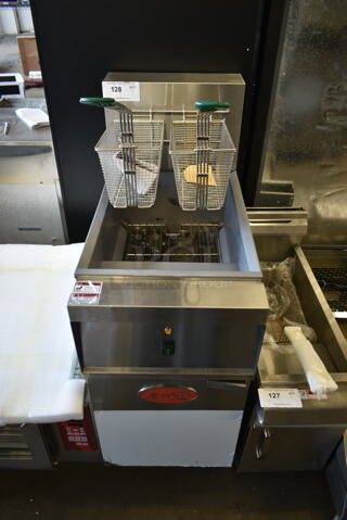 BRAND NEW SCRATCH AND DENT! 2022 Avantco 177EF40B Stainless Steel Commercial Floor Style Electric Powered Deep Fat Fryer w/ 2 Metal Fry Baskets. 208 Volts, 1 Phase.