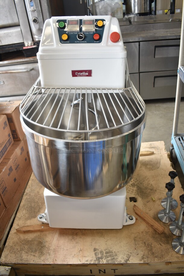 BRAND NEW SCRATCH AND DENT! Estella 348SM80 Metal Commercial 80 Quart / 120 Pound Two-Speed Spiral Dough Mixer w/ Stainless Steel Mixing Bowl, Bowl Guard and Dough Hook. 220 Volts. Tested and Working! - Image 2 of 10
