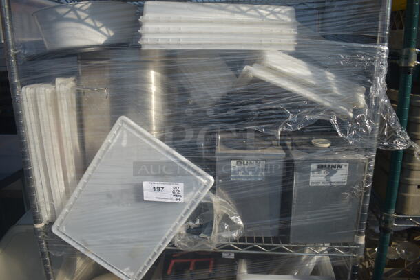 ALL ONE MONEY! Lot of Items Including Open Utility Shelf With Metro Style Shelving, White Plastic Containers, Lids, Steel Pot, Bunn Containers, AND MORE! BUYER MUST DISMANTLE. PCI CANNOT DISMANTLE FOR SHIPPING. PLEASE CONSIDER FREIGHT CHARGES. - Image 3 of 4