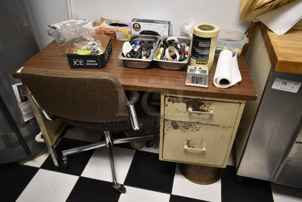 Tan Metal 2 Drawer Desk w/ Wood Pattern Desktop, Contents and Office Chair. (kitchen) - Image 1 of 6