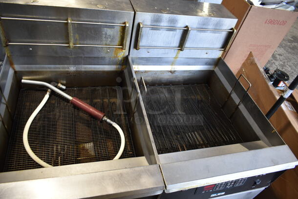 Giles EOF-24 Stainless Steel Commercial Electric Powered 3 Bay Fryer w/ Giles EOF-BIB Dumping Station. 480 Volts, 3 Phase.
 - Image 3 of 9