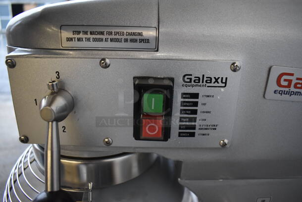 BRAND NEW SCRATCH AND DENT! Galaxy 177GMIX10 Metal Commercial Floor Style 10 Quart Planetary Dough Mixer w/ Stainless Steel Mixing Bowl, Bowl Guard, Dough Hook, Balloon Whisk and Paddle Attachments. 110 Volts, 1 Phase. 15x18x29. Tested and Working! - Image 6 of 8