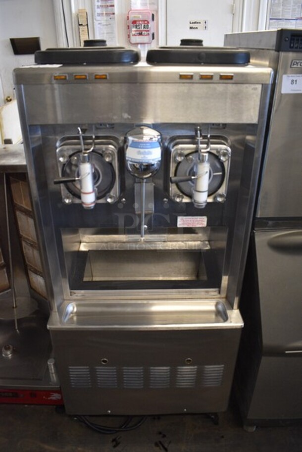 Taylor Model 342D-27 Stainless Steel Commercial Floor Style Air Cooled 2 Flavor Frozen Beverage Machine w/ Drink Mixer Attachment on Commercial Casters. 208-230 Volts, 1 Phase. 26x34x60.