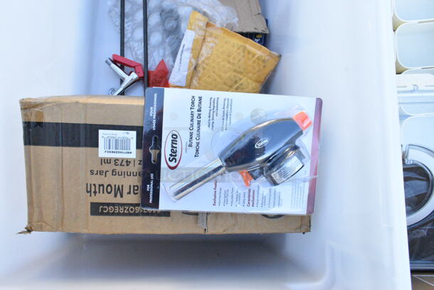 20 BRAND NEW Boxes Including 1907LVS32OZ 7 Lane Universal Gravity Feed Bottle Organizer for 32 oz. Bottles, 40716OZREGCJ Choice 16 oz. Pint Regular Mouth Glass Canning / Mason Jar with Silver Metal Lid and Band - 12/Pack, Hot Water Nozzle, 600CARTHOT Regency Hot Faucet Body Cartridge for 600FD4, 600FD8, and 600FW4 Series Faucets, Manitowoc 000007926 Manitowoc Ice 000007926 Lcd Housing Assy, 274JC3BAGBK Lavex Replacement Black Vinyl Bag for Janitor Cart, 808402 Tablecraft 402 2 Tbsp. Stainless Steel Coffee / Measuring Scoop, 3532U Anchor 12 oz Shelf Zombie Glasses, 167NLG1018 Winco Natural Latex Rubber Black One Size Fits Most 18" Unlined Gloves, 3CA-L-BB Changer Agitator Mop, Acopa Jumbo Steak Knives, 176FBPE18265 Choice 26" x 18" x 15" White Polyethylene Food Storage Box. 20 Times Your Bid!  - Image 4 of 12