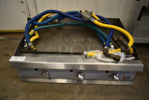 Cooking Performance Group CPG Stainless Steel Commercial Countertop Natural Gas Powered Flat Top Griddle w/ Thermostatic Controls w/ 4 Gas Hoses. - Image 2 of 6