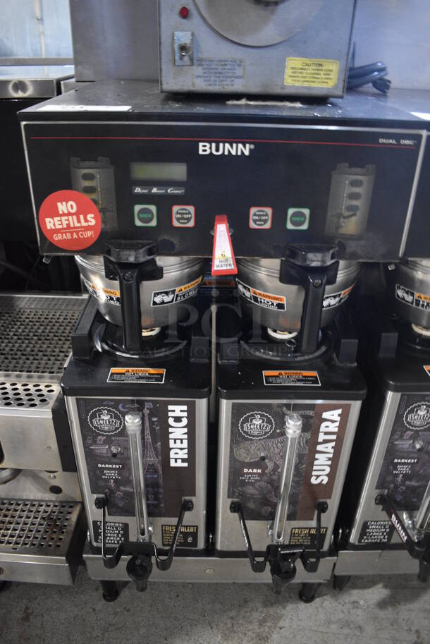 2011 Bunn Model DUAL SH DBC Stainless Steel Commercial Countertop Dual Coffee Machine w/ Hot Water Dispenser, 2 Stainless Steel Brew Baskets and 2 Bunn Model SH SERVER Satellite Servers. 120/208-240 Volts, 1 Phase. 18x24x36. Tested and Working!