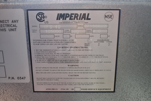 BRAND NEW SCRATCH AND DENT! Imperial IFS-40 Stainless Steel Commercial Floor Style Natural Gas Powered Deep Fat Fryer w/ 2 Metal Fry Baskets. Does Not Have Back Panel. 105,000 BTU.  - Image 8 of 8