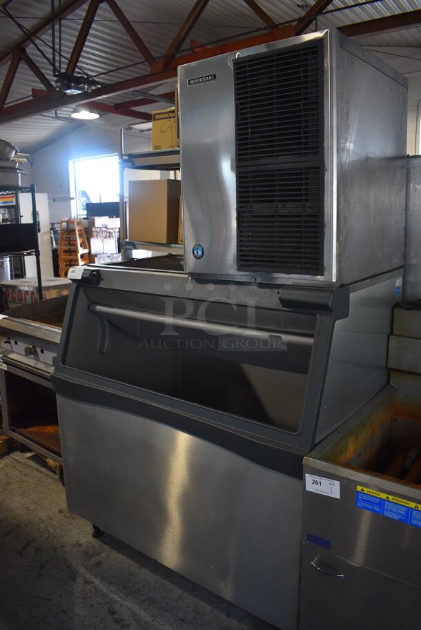 2019 Hoshizaki KM-520MAJ Stainless Steel Commercial Ice Machine Head on Scotsman B948S Stainless Steel Ice Bin. 115 Volts, 1 Phase. 48x34x79