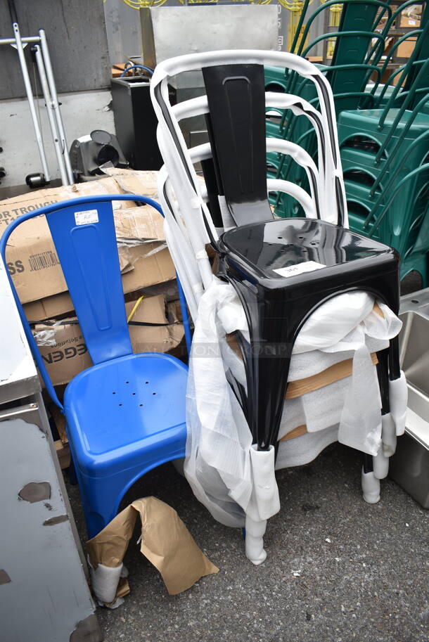 5 BRAND NEW SCRATCH AND DENT! Lancaster Table & Seating Metal Outdoor Tolix Style Dining Height Chairs; 1 Blue 164CMCAFEBLU and 4 Black. 5 Times Your Bid!  - Image 1 of 5