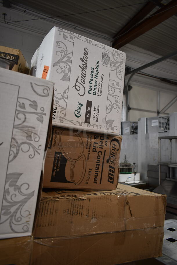 PALLET LOT of 35 BRAND NEW Boxes Including 5005DNAPFLTE Choice Touchstone White Linen-feel Dinner Napkin, 128HD8COMBO Choice Microwavable Translucent Plastic Deli Container and Lid, 2 Box 500L1020B Choice Black Hot Paper Cup Travel Lid, 485COLWNEON Choice Neon Wrapped Straw, 245CB12 Choice Customizable Plain Pizza Box, 500MF993B1C Choice 9" x 9" 1-Compartment Microwaveable Black Mineral-Filled Plastic Hinged Take-Out Container - 150/Case, RK12 Fabri-Kal RK Ribbed Cold Drink Cups, 12oz, Translucent, 50/Sleeve, 20 Sleeves/Carton, 2 Box 760V32 Carnival King 32 oz. Popcorn Cup - 500/Case, 760VP64 Carnival King Popcorn Bucket, Kari-out Company Japanese style Bamboo Chopsticks. 35 Times Your Bid! - Image 2 of 12