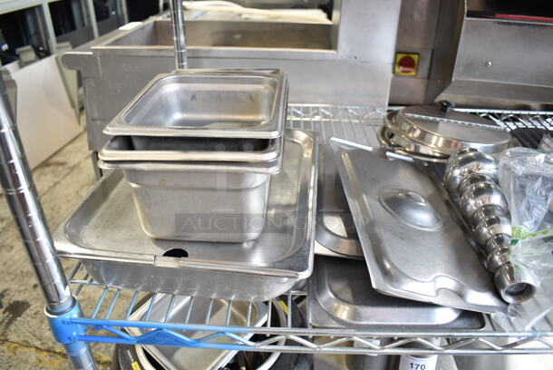 ALL ONE MONEY! Lot of 4 Tiers of Various Items Including Stainless Steel Drop In Bins, Pizza Screens, Stainless Steel Lids. Does Not Include Shelving Unit.  - Image 3 of 12
