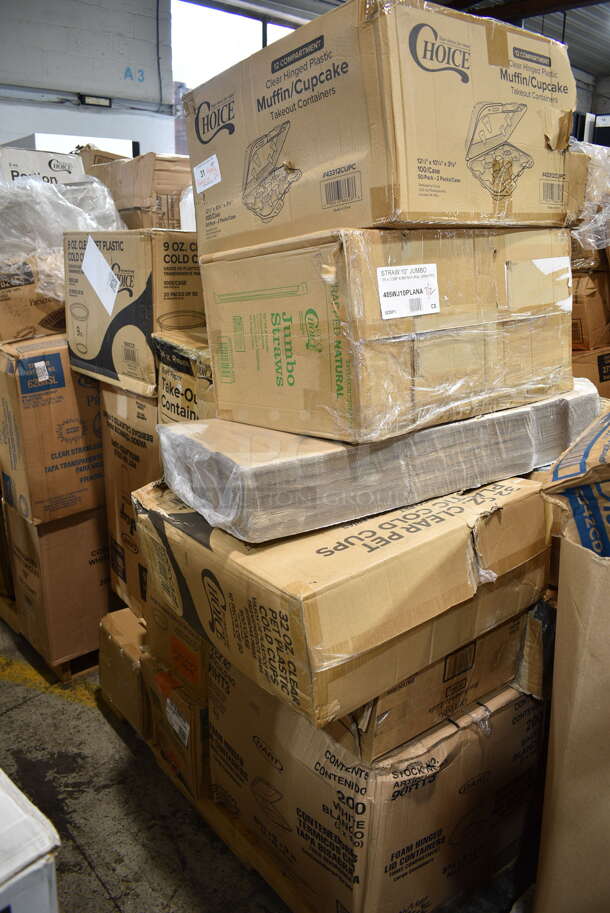 PALLET LOT of 24 BRAND NEW Boxes Including 90HT3 Dart Foam Containers, 16RCLBLK Dart Optima Black Travel Lid, 2 Box 500CC32P Plastic Cold Cup, 43312CUPC Choice 12-Cup Hinged PET Plastic Cupcake / Muffin Container, Choice Jumbo Straws, CH8DEF Dart ClearPAc SafeSeal Tamper-Resistant Hinged Container, BOL-SC-UBB-LF World Centric 32 oz. Compostable Fiber Burrito Bowl Lid - 300/Case, Garde 181ONBLD14 1/4" Blade Assembly for Onion Slicer - 2/Set, 795KFT24 Choice 24 oz. Rectangular Kraft PE-Lined Microwavable Take-Out Container 6 13/16" x 4 13/16" x 2 1/4" - 300/Case, 500CC9 Choice 9 oz. Clear PET Customizable Plastic Squat Cold Cup - 1000/Case, Dart 16J16 16 oz. White Customizable Foam Cup - 1000/Case, 128HD16COMBO ChoiceHD 16 oz. Microwavable Translucent Plastic Deli Container and Lid Combo Pack - 240/Case, 966TALLFLDN Choice Kraft Dispenser Napkin. 24 Times Your Bid!  - Image 1 of 12