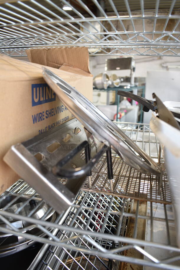 ALL ONE MONEY! Lot of 4 Tiers of Various Items Including Stainless Steel Drop In Bins, Pizza Screens, Stainless Steel Lids. Does Not Include Shelving Unit.  - Image 10 of 12