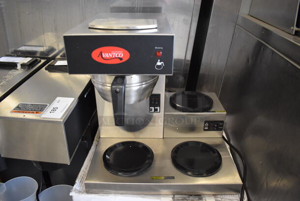 IN ORIGINAL BOX! Avantco C30 Stainless Steel Commercial Countertop 3 Burner Coffee Maker w/ Poly Brew Basket. Used a Few Times at Trade Show. 120 Volts, 1 Phase. 16.5x14.5x16.5. Tested and Working! - Image 1 of 7