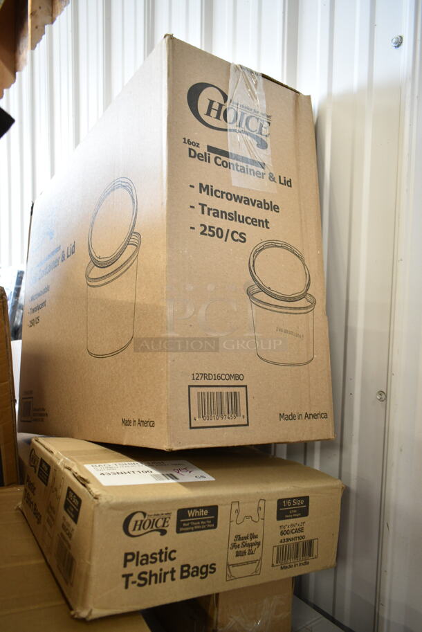 PALLET LOT of 35 BRAND NEW Boxes Including 127RD16COMBO Choice 16 oz. Customizable Microwavable Clear Round Deli Container and Lid Combo Pack - 250/Case, 433NHT100 Choice 1/6 Standard Size White "Thank You" Script Heavy-Duty Plastic T-Shirt Bag - 600/Case, 2 Box 130HCUTFWR Visions Individually Wrapped White Heavy Weight Plastic Fork - 1000/Case, 500TW16S Choice 16 oz. Translucent Thin Wall Squat Plastic Cold Cup - 1000/Case, 795PTOKFT1 Choice 4 5/8" x 3 1/2" x 2 1/2" Kraft Microwavable Folded Paper #1 Take-Out Container - 450/Case, 2 Box 128HD16COMBO ChoiceHD 16 oz. Microwavable Translucent Plastic Deli Container and Lid Combo Pack - 240/Case, 2 Box Dart 16RCLBLK Optima Black Travel Lid with Reclosable Tab - 1000/Case, 3 Box 347RP10WHSS Visions Wave 10" White Plastic Plate - 144/Case, 2 Box of BW-1025 10 oz. Customizable Polycarbonate Wine / Juice Decanter, 5002CPTENAT Lavex 2-Ply Natural Kraft Center Pull Paper Towel 510' Roll - 6/Case, 130LID18 Visions 18" Clear PET Plastic Round Catering Tray High Dome Lid - 25/Case. 35 Times Your Bid! - Image 2 of 12