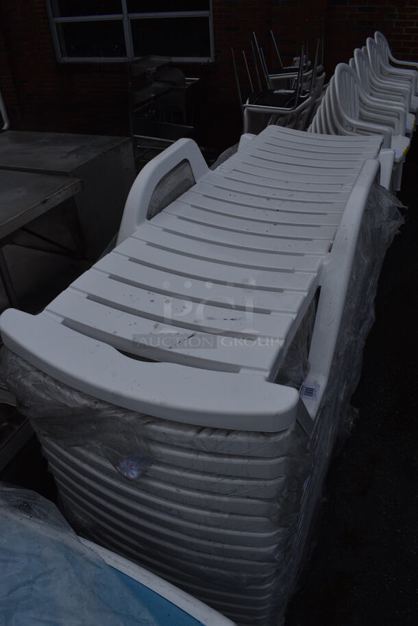 6 BRAND NEW SCRATCH AND DENT! Lancaster Table & Seating White Stacking Adjustable Resin Chaise. 72x28x16. 6 Times Your Bid! - Image 5 of 5