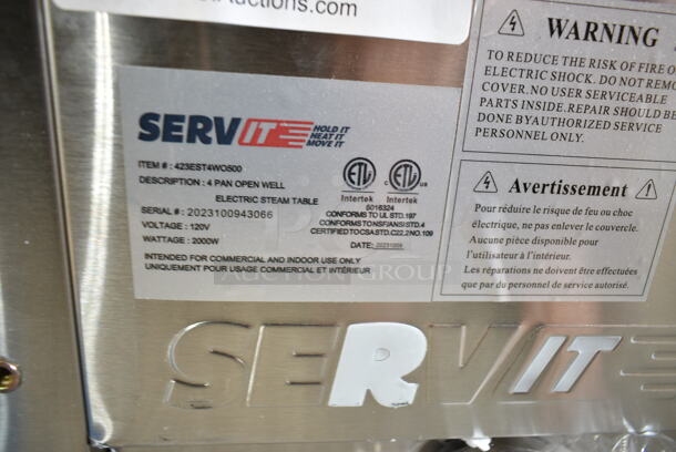 BRAND NEW SCRATCH AND DENT! ServIt 423EST4WO500 Stainless Steel Commercial Four Pan Open Well Electric Steam Table with Adjustable Undershelf. 120 Volts, 1 Phase. Tested and Working! - Image 9 of 9