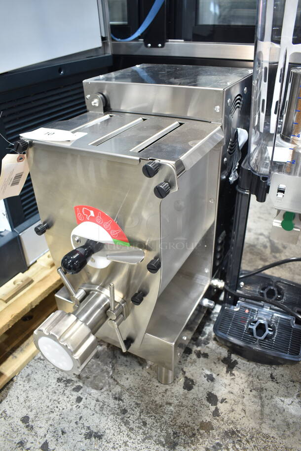 BRAND NEW SCRATCH AND DENT! Estella 348PEM9 Stainless Steel Commercial Countertop Extruder Pasta Machine. 120 Volts, 1 Phase. Tested and Powers On But Parts Do Not Move
 - Image 3 of 7