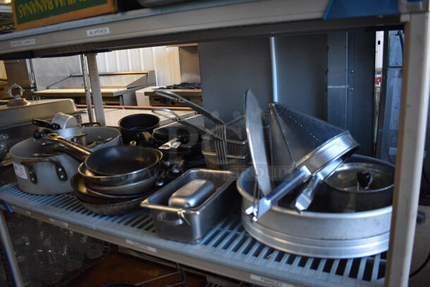 ALL ONE MONEY! Tier Lot of Various Items Including Metal Skillets, Metal Stock Pot, Fry Baskets, China Cap Strainer - Image 2 of 12
