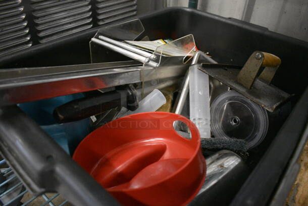 ALL ONE MONEY! Lot of Various Items Including Metal Lid, Adapters and Poly Pitchers in Black Bus Bin! - Image 3 of 4