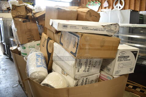 PALLET LOT of 30 BRAND NEW Boxes Including 433QLINERBL Baker's Lane 16x24 Full Size Quilon, 2 Box Choice Neon Jumbo Straws, 130HCUTTWR Visions Individually Wrapped Plastic Spoon, 164WHCKDNAT Lancaster Table & Seating Standard Height Wooden High Chair with Natural Finish - Unassembled, 999RP10 Visions Wave 10" Plates, 500CC16 Choice Clear PET Customizable Plastic Cold Cup - 16 oz. - 1000/Case, Y12S Dart Squat Plastic Cold Cup, P55 Heavy Patty Sheets, 50016C Choice 16 oz. Coffee Print Poly Paper Hot Cup - 1000/Case, Tuxton GAS-008 TuxTrendz Artisan Sagebrush 11 5/8" China Plate - 12/Case, DBP09W Dixie Basic 8 1/2" White Light Weight Paper Plate - 500/Case, 433W4BGC Choice White Paper Bag, Popcorn Bags. 30 Times Your Bid!