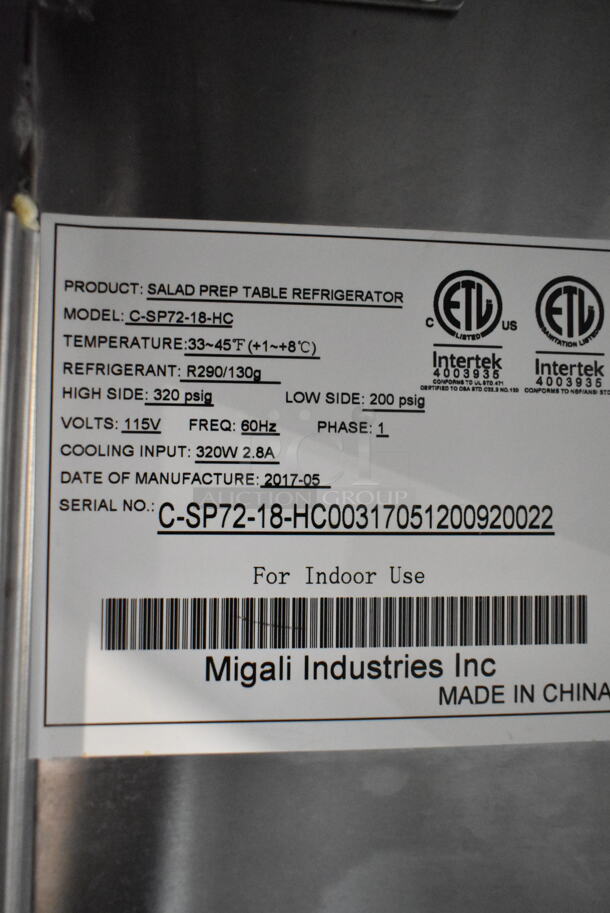 2017 Migali C-SP72-18-HC Stainless Steel Commercial Sandwich Salad Prep Table Bain Marie Mega Top on Commercial Casters. 115 Volts, 1 Phase. Tested and Powers On But Does Not Get Cold - Image 10 of 10