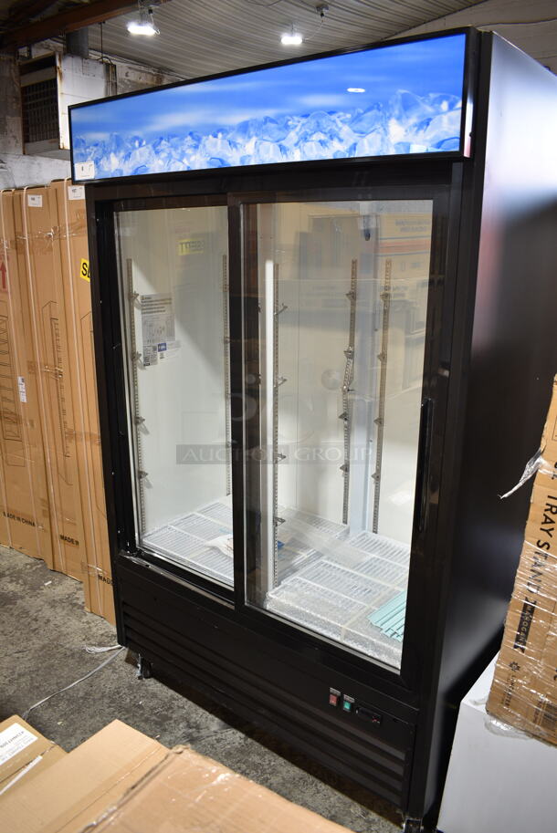 BRAND NEW SCRATCH AND DENT! 2023 Avantco 178GDS47HCB Metal Commercial 2 Door Reach In Cooler Merchandiser w/ Poly Coated Racks on Commercial Casters. 120 Volts, 1 Phase. Tested and Working! - Image 3 of 7